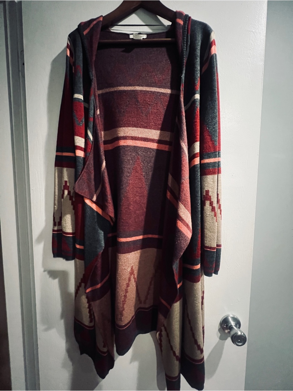 Self Esteem Hooded Open-Front Cardigan in Burgundy, Cream and Charcoal- Medium
